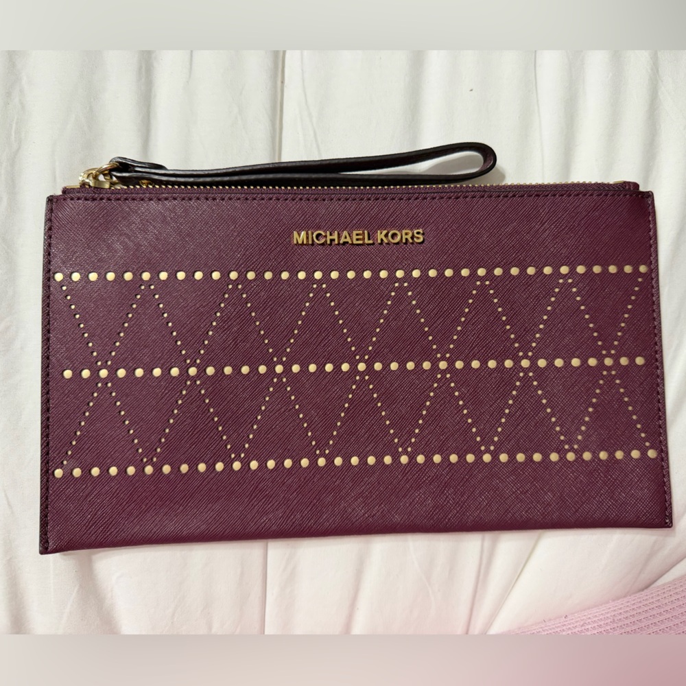 Michael Kors Burgundy Wristlet Clutch with Gold Studs